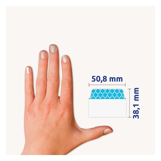 Usporedba veličine s rukom, članak: 74774, jedan list ljepljivih traka, format: 50,8 x 38,1 mm, boja: plava, zelena, ružičasta.