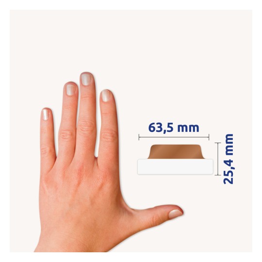 Usporedba veličine s rukom, artikal: 74786, jedan list ljepljivih traka, format: 63,5 x 25,4 mm, boje: zlatna, roza zlato, srebrna, bakrena.