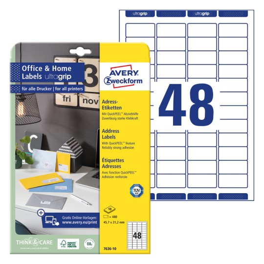 Pakiranje sa listovima naljepnica: Avery Zweckform adrese-etikete, Kućni ured, malo pakiranje, artikl: 7636-10, format: 45,7 x 21,2 mm, prikladno za printanje: Inkjet, Laser crno-bijeli, Laser u boji, sadržaj: 480 naljepnica / 10 listova, 48 naljepnica/list.