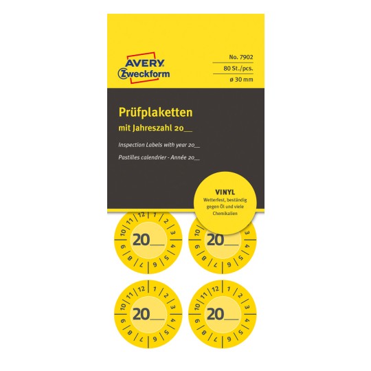 Slika pakiranja: Avery Zweckform Non A4 certifikacijske naljepnice, Artikl: 7902, Format: ⌀ 30 mm, Sadržaj: 80 certifikacijskih naljepnica / 10 listova, 8 certifikacijskih naljepnica/list.