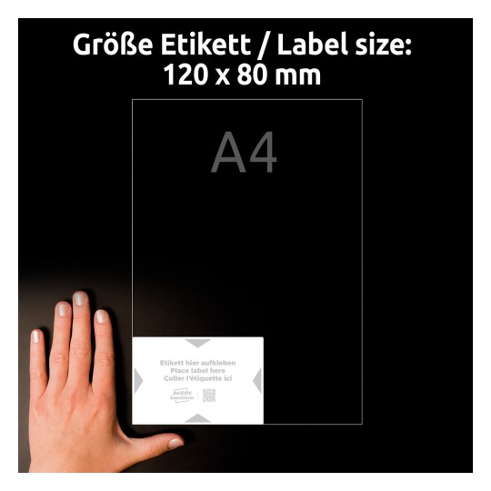 Usporedba veličine s rukom, Artikl: 8001-5, jedan list nosivih naljepnica, Format: 120 x 80 mm, Boja: Bijela, Svijetlosiva.