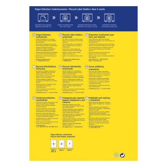 Slika je informativni poster o držačima naljepnica na plakatima, koji detaljno opisuju njihove značajke, funkcionalnosti i primjene na više jezika, uključujući njemački, engleski, francuski, danski, finski, nizozemski, ruski i poljski.