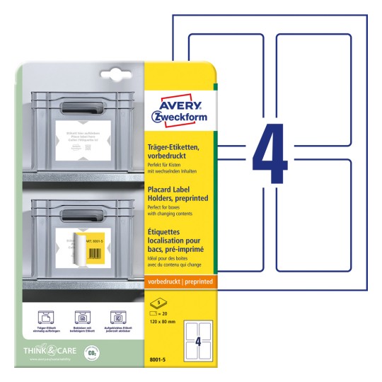 Slika pakiranja s listovima naljepnica: Avery Zweckform naljepnice, artikl: 8001-5, format: 120 x 80 mm, prikladnost za tisak: unaprijed tiskano, sadržaj: 20 naljepnica / 5 listova, 4 naljepnice/list?