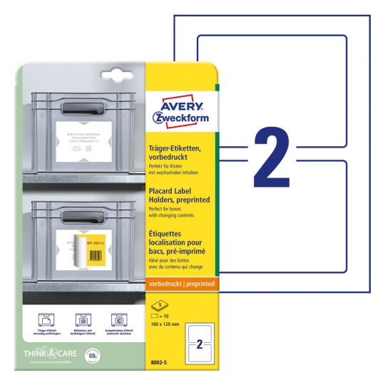Slika pakiranja s listom naljepnica: Avery Zweckform nosači-naljepnice, artikl: 8002-5, format: 160 x 120 mm, prikladno za ispis: unaprijed ispisano, sadržaj: 10 naljepnica / 5 listova, 2 naljepnice/listu.
