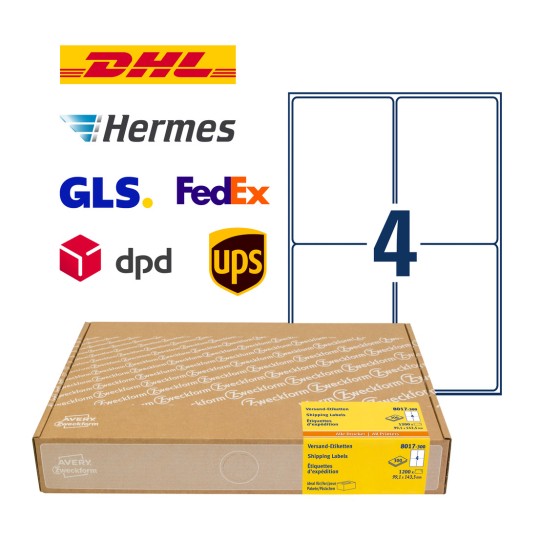 Slika pakiranja s listovima etiketa: Avery Zweckform dostavne etikete, Artikl: 8017-300, Format: 99,1 x 143,5 mm, Pogodnost za ispis: inkjet, crno-bijeli laser, laserski u boji, Sadržaj: 1.200 etiketa / 300 listova, 4 etikete/list?