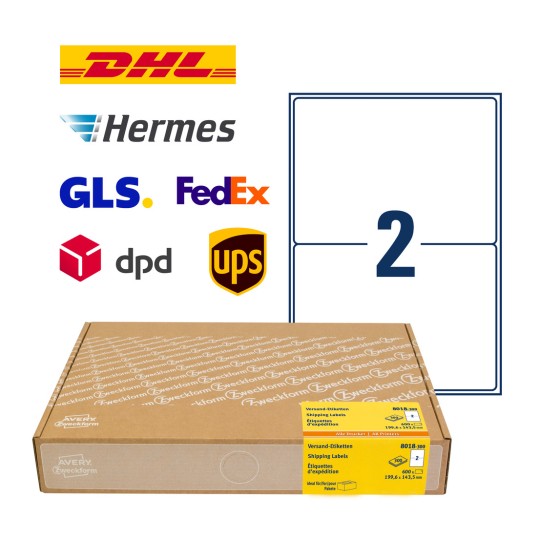 Slika pakiranja s listom naljepnica: Avery Zweckform naljepnice za slanje, Artikl: 8018-300, Format: 199,6 x 143,5 mm, Pogodno za ispis: Inkjet, crno-bijeli laser, kolor laser, Sadržaj: 600 naljepnica / 300 listova, 2 naljepnice/list?