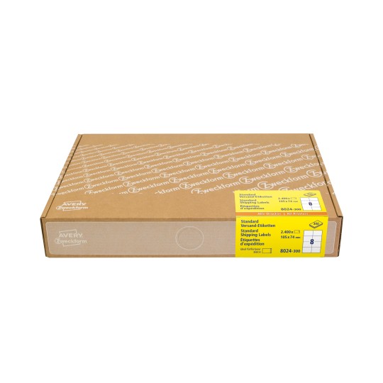 Slika pakiranja: Avery Zweckform naljepnice za slanje, veliko pakiranje, artikl: 8024-300, format: 105 x 74 mm, pogodno za ispis: inkjet, crno-bijeli laser, laserski pisač u boji, sadržaj: 2.400 naljepnica / 300 listova, 8 naljepnica po listu.