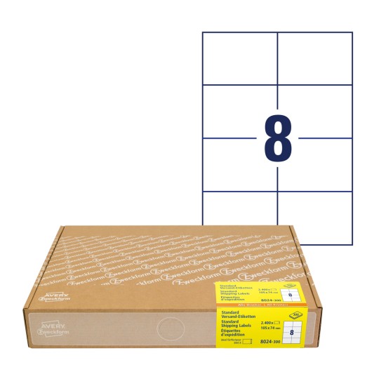 Kutija s listovima naljepnica: Avery Zweckform transportne naljepnice, čl. 8024-300, format: 105 x 74 mm, prikladnost za ispis: Inkjet, crno-bijeli laser, laserski u boji, sadržaj: 2.400 naljepnica / 300 listova, 8 naljepnica/list.