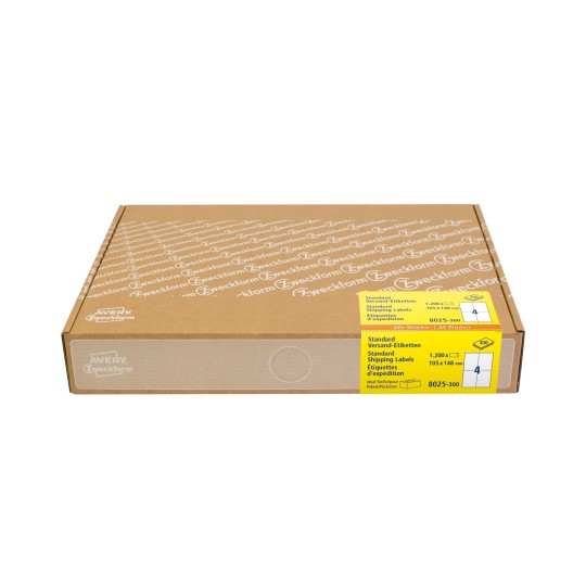 Slika pakiranja: Avery Zweckform naljepnice za slanje, veliko pakiranje, artikl: 8025-300, format: 105 x 148 mm, prikladno za ispis: Inkjet, crno-bijeli laser, laserski u boji, sadržaj: 1.200 naljepnica / 300 listova, 4 naljepnice/list?