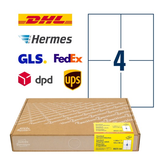 Slika pakiranja s listom naljepnica: Avery Zweckform poštanske naljepnice, artikl: 8025-300, format: 105 x 148 mm, pogodnost za ispis: Inkjet, crno-bijeli laser, laserski pisač u boji, sadržaj: 1.200 naljepnica / 300 listova, 4 naljepnice/ list?