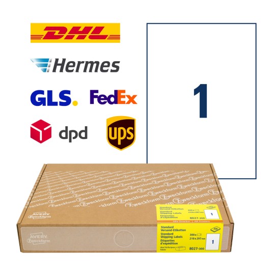 Ambalaža s arkom naljepnica: Avery Zweckform otpremne naljepnice, artikl: 8027-300, format: 210 x 297 mm, pogodnost za printere: Inkjet, laser crno/bijelo, laserski u boji, sadržaj: 300 naljepnica / 300 listova, 1 naljepnica/list?