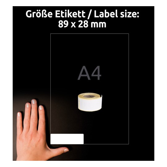 Usporedba veličine s rukom, artikl: A1933081, jedan list valjkastih naljepnica, format: 25 x 89 mm, boja: bijela.