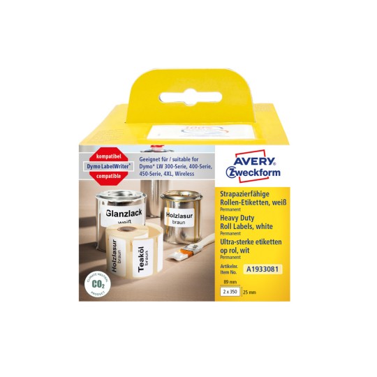 Slika pakiranja: Avery Zweckform, Artikal: A1933081, Format: 25 x 89 mm, Pogodno za pisač: Termo-direktni pisači, Dymo LabelWriter* serija 300, serija 400, serija 450, 4XL, Wireless, Sadržaj: 700 etiketa / 2 role, 350 etiketa/rola.