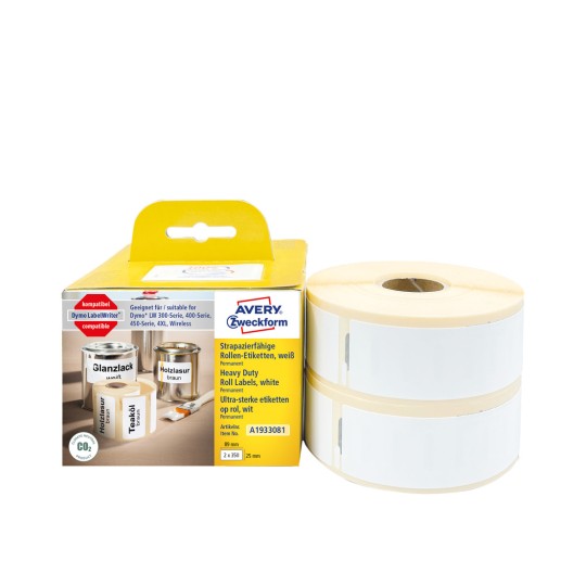 Ambalaža sa slikom rolne naljepnica: Avery Zweckform rolne naljepnica, artikal: A1933081, format: 25 x 89 mm, prikladno za ispis: termodirektni pisači, Dymo LabelWriter* serija 300, serija 400, serija 450, 4XL, Wireless, sadržaj: 700 naljepnica / 2 rolne, 350 naljepnica/rolna.