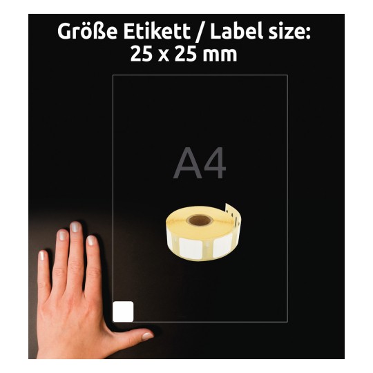 Usporedba veličine s rukom, Artikl: A1933083, jedan list kotur etiketama, Format: 25 x 25 mm, Boja: Bijela?