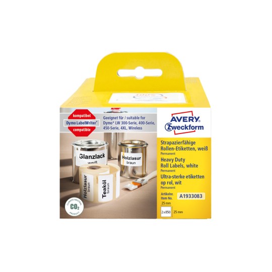 Slika pakiranja: Avery Zweckform, Artikl: A1933083, Format: 25 x 25 mm, Prikladno za pisače: Termodirektni pisači, Dymo LabelWriter* serija 300, serija 400, serija 450, 4XL, Wireless, Sadržaj: 1.700 etiketa / 2 role, 850 etiketa/rola.
