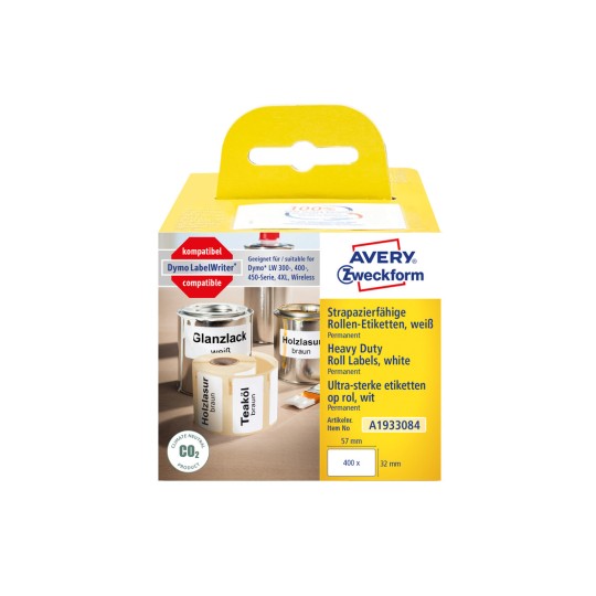 Slika pakiranja: Avery Zweckform, Članak: A1933084, Format: 32 x 57 mm, Prikladno za pisač: Termodirektni pisač, Dymo LabelWriter* serija 300, serija 400, serija 450, 4XL, Bežični, Sadržaj: 400 etiketa / 1 rola, 400 etiketa/rola?