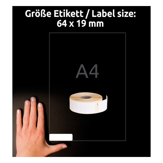 Usporedba veličine s rukom, Artikl: A1933085, jedan list etiketa na roli, Format: 19 x 64 mm, Boja: Bijela?