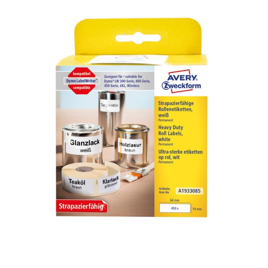 Pakiranje: Avery Zweckform, Artikl: A1933085, Format: 19 x 64 mm, Prikladno za pisač: termalni direktni pisači, Dymo LabelWriter* serije 300, serije 400, serije 450, 4XL, Wireless, Sadržaj: 450 etiketa / 1 rola, 450 etiketa/rola.