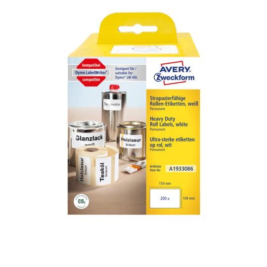 Slika pakiranja: Avery Zweckform, Članak: A1933086, Format: 104 x 159 mm, Pogodno za ispis: termo direktni pisač, Dymo LabelWriter* 4XL, Sadržaj: 200 etiketa / 1 rola, 200 etiketa/rola?