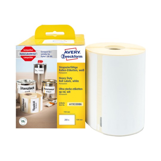 Slika pakiranja s rolom etiketa: Avery Zweckform etikete u roli, Artikl: A1933086, Format: 104 x 159 mm, Pogodan za ispis: Termo izravni pisač, Dymo LabelWriter* 4XL, Sadržaj: 200 etiketa / 1 rola, 200 etiketa/rola.