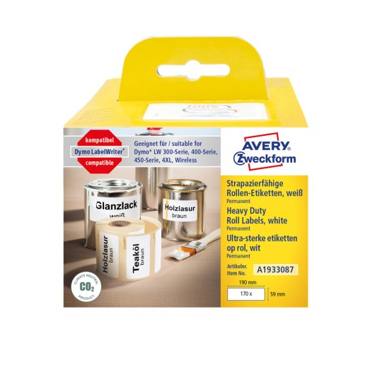 Slika pakiranja: Avery Zweckform, Artikl: A1933087, Format: 59 x 190 mm, Pogodno za pisač: Termodirektni pisač, Dymo LabelWriter* serija 300, serija 400, serija 450, 4XL, bežični, Sadržaj: 170 naljepnica / 1 rola, 170 naljepnica/rola?