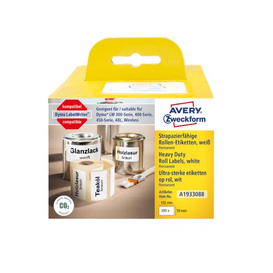 Slika pakiranja: Avery Zweckform, Artikl: A1933088, Format: 59 x 102 mm, Prikladnost za pisač: Termo direktni pisač, Dymo LabelWriter* serija 300, serija 400, serija 450, 4XL, bežični, Sadržaj: 300 etiketa / 1 rola, 300 etiketa/rola?