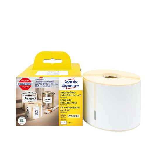 Slika pakiranja s valjkom etiketa: Avery Zweckform role s etiketama, artikl: A1933088, format: 59 x 102 mm, pogodnost za pisač: pisači s termalnim direktnim ispisom, Dymo LabelWriter* serija 300, serija 400, serija 450, 4XL, Wireless, sadržaj: 300 etiketa / 1 rolna, 300 etiketa/rolna.