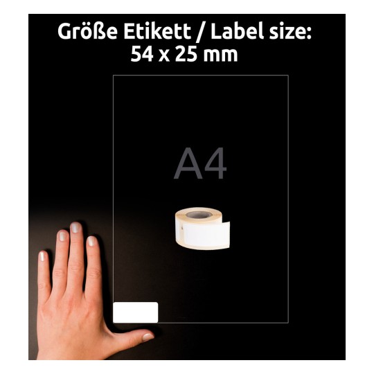 Usporedba veličine s rukom, artikal: A1976411, jedan list rolnih naljepnica, format: 25 x 54 mm, boja: bijela.