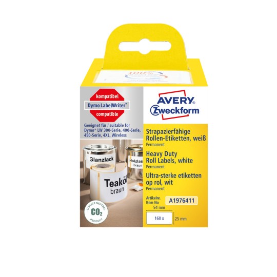 Slika pakiranja: Avery Zweckform, Članak: A1976411, Format: 25 x 54 mm, Prikladnost za ispis: termoizravni pisač, Dymo LabelWriter* serije 300, serije 400, serije 450, 4XL, bežični, Sadržaj: 160 naljepnica / 1 rola, 160 naljepnica/rola?