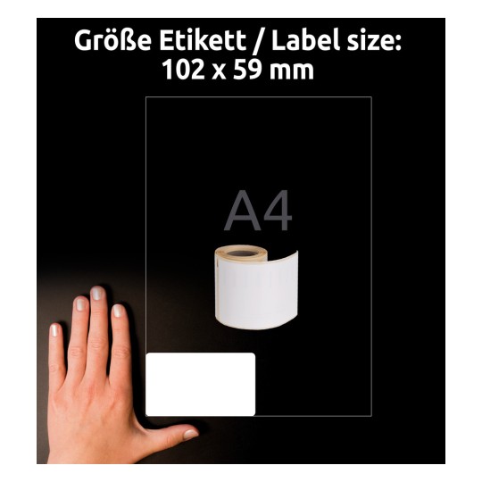 Veličina u usporedbi s rukom, Članak: A1976414, list rolne naljepnica, format: 59 x 102 mm, boja: bijela.