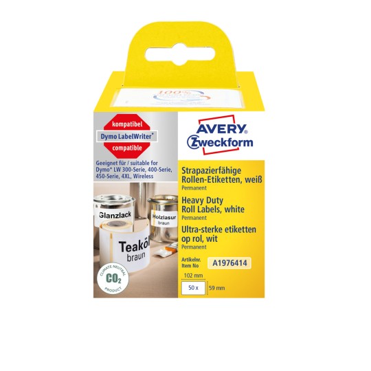 Slika pakiranja: Avery Zweckform, Artikl: A1976414, Format: 59 x 102 mm, Pogodno za ispis: termo direktni pisači, Dymo LabelWriter* serija 300, serija 400, serija 450, 4XL, Wireless, Sadržaj: 50 naljepnica / 1 rola, 50 naljepnica/rola?