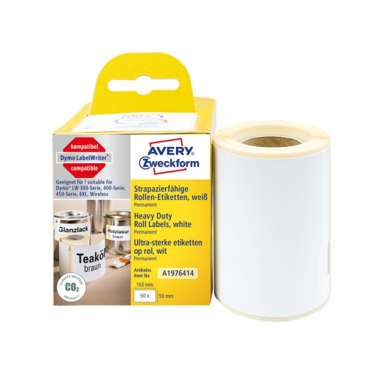 Slik prikaza pakiranja s rolnom etiketa: Avery Zweckform etikete na roli, Artikl: A1976414, Format: 59 x 102 mm, Pogodno za pisače: Termo izravni pisač, Dymo LabelWriter* serija 300, serija 400, serija 450, 4XL, Wireless, Sadržaj: 50 etiketa / 1 rola, 50 etiketa/rola.