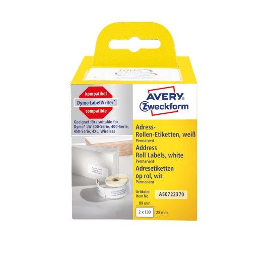 Slika pakiranja: Avery Zweckform, Artikl: AS0722370, Format: 28 x 89 mm, Prikladnost za ispis: termodirektni pisač, Dymo LabelWriter* serija 300, serija 400, serija 450, 4XL, Wireless, Sadržaj: 260 etiketa / 2 role, 130 etiketa/rola