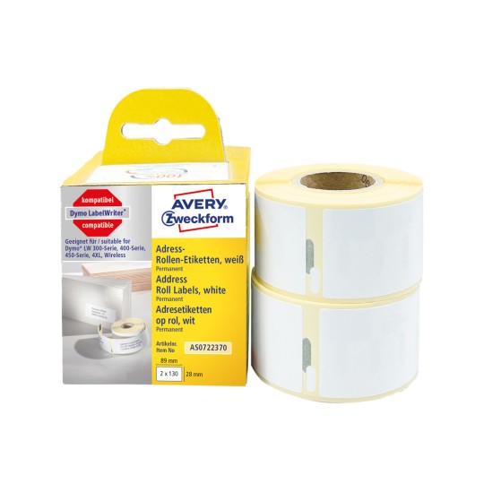 Prikaz pakiranja s rolom etiketa: Avery Zweckform role-etikete, Artikl: AS0722370, Format: 28 x 89 mm, Pogodnost za pisač: termalni direktni pisači, Dymo LabelWriter* serije 300, serije 400, serije 450, 4XL, Wireless, Sadržaj: 260 etiketa / 2 role, 130 etiketa/rola.
