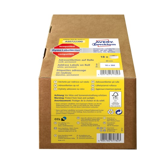 Slika pakiranja: Avery Zweckform, Artikal: AS0722390, Format: 36 x 89 mm, Prikladnost za tiskanje: termalni direktni pisač, Dymo LabelWriter* serija 300, serija 400, serija 450, 4XL, Wireless, Sadržaj: 4.680 etiketa / 18 rolni, 260 etiketa/rolna.