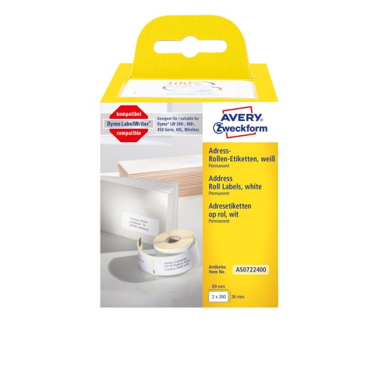 Slika na pakiranju: Avery Zweckform, Artikl: AS0722400, Format: 36 x 89 mm, Prikladnost za ispis: termalni pisači, Dymo LabelWriter* serija 300, serija 400, serija 450, 4XL, Wireless, Sadržaj: 520 etiketa / 2 role, 260 etiketa/rola?