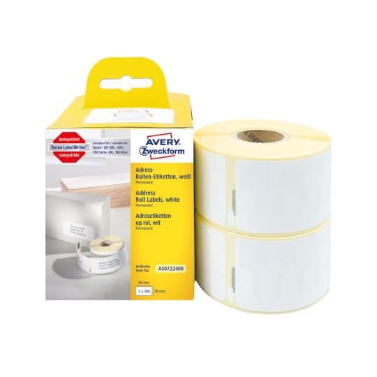 Slika pakiranja s rolom etiketa: Avery Zweckform rolna-etikete, artikl: AS0722400, format: 36 x 89 mm, prikladno za pisač: termalni direktni pisači, Dymo LabelWriter* serije 300, 400, 450, 4XL, Wireless, sadržaj: 520 etiketa / 2 role, 260 etiketa/rola.