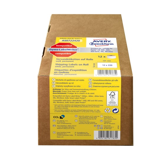 Ambalaža: Avery Zweckform, Artikl: AS0722420, Format: 54 x 101 mm, Pogodno za pisač: termalni direktni pisač, Dymo LabelWriter* serija 300, serija 400, serija 450, 4XL, Wireless, Sadržaj: 2.640 etiketa / 12 rola, 220 etiketa/rola