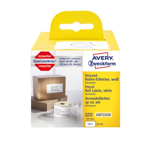 Slika pakiranja: Avery Zweckform, Artikal: AS0722430, Format: 54 x 101 mm, Prikladno za pisače: termalni direktni pisač, Dymo LabelWriter serija 300, serija 400, serija 450, 4XL, Wireless, Sadržaj: 220 etiketa / 1 rola, 220 etiketa/rola?