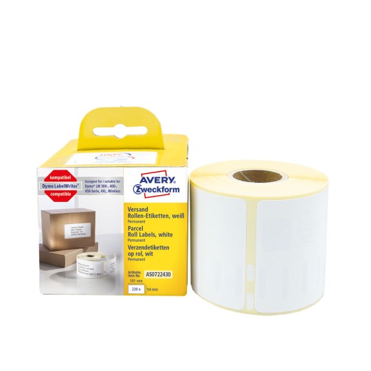 Slika pakiranja s rolnom etiketa: Avery Zweckform rolo etikete, artikl: AS0722430, format: 54 x 101 mm, prikladno za ispis: termalni direktni pisač, Dymo LabelWriter* 300-serija, 400-serija, 450-serija, 4XL, Wireless, sadržaj: 220 etiketa / 1 rola, 220 etiketa/rola?