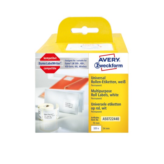 Slika pakiranja: Avery Zweckform, Artikl: AS0722440, Format: 54 x 70 mm, Pogodnost za pisač: termodirektni pisač, Dymo LabelWriter* serija 300, serija 400, serija 450, 4XL, bežični, Sadržaj: 320 etiketa / 1 rola, 320 etiketa/rola?