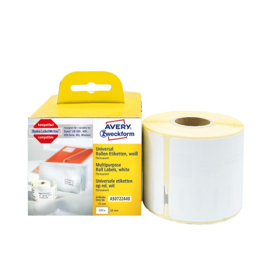 Slik pakiranja s rolom etiketa: Avery Zweckform etikete na rolama, artikl: AS0722440, format: 54 x 70 mm, prikladnost za pisač: pisači za termo direktni ispis, Dymo LabelWriter* serija 300, serija 400, serija 450, 4XL, bežični, sadržaj: 320 etiketa / 1 rola, 320 etiketa/rola?