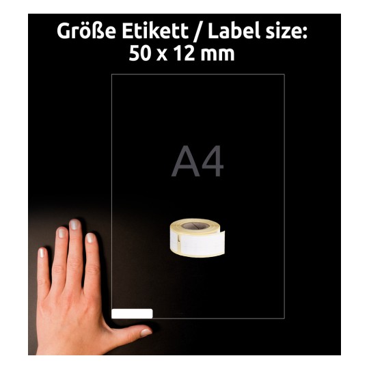 Veličina u usporedbi s rukom, artikl: AS0722460, jedan list rolnih etiketa, format: 12 x 50 mm, boja: bijela?