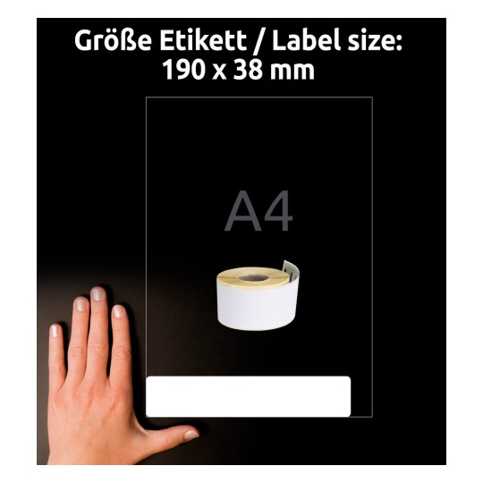 Usporedba veličine s rukom, Artikl: AS0722470, jedan list valjanih naljepnica, Format: 38 x 190 mm, Boja: Bijela?