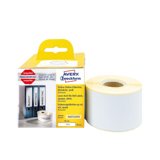 Slika pakiranja s rolom etiketa: Avery Zweckform etikete na roli, Artikl: AS0722470, Format: 38 x 190 mm, Prikladnost za ispis: Termodirektni pisač, Dymo LabelWriter* serija 300, serija 400, serija 450, 4XL, Wireless, Sadržaj: 110 etiketa / 1 rola, 110 etiketa/rola?