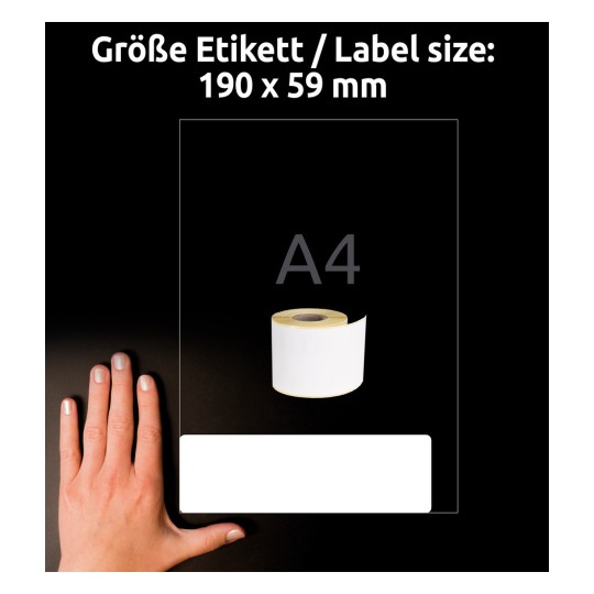 Veličina u usporedbi s rukom, Artikl: AS0722480, jedan list rolne etiketa, format: 59 x 190 mm, boja: bijela?