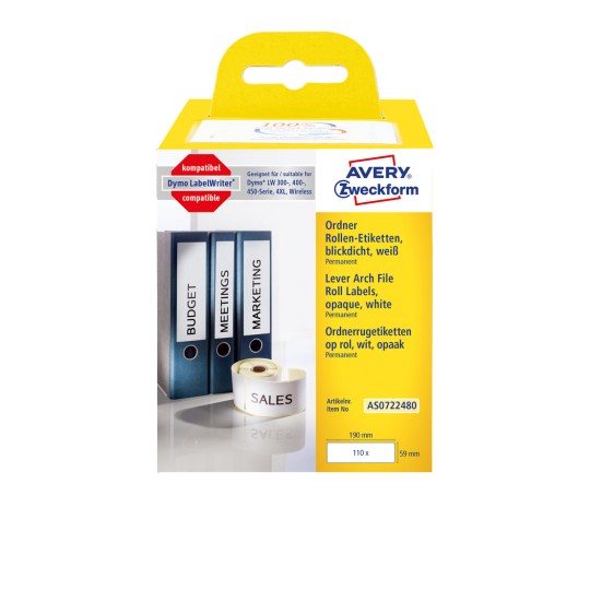 Slika pakiranja: Avery Zweckform, artikl: AS0722480, format: 59 x 190 mm, pogodnost za ispis: termički direktni pisači, Dymo LabelWriter* serija 300, serija 400, serija 450, 4XL, Wireless, sadržaj: 110 etiketa / 1 rola, 110 etiketa/rola?
