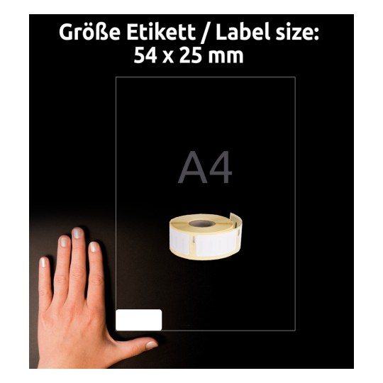 Usporedba veličine s rukom, Članak: AS0722520, jedan list rola-naljepnica, Format: 25 x 54 mm, Boja: Bijela?