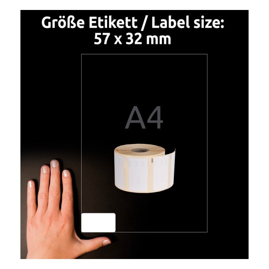 Usporedba veličine s rukom, Artikal: AS0722540, jedan list rolne etiketa, Format: 32 x 57 mm, Boja: Bijela?